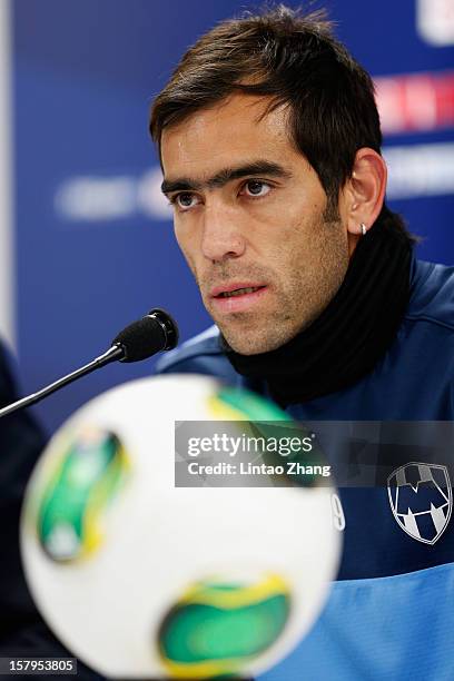 Cesar Delgado of Monterrey answers a question during a CF Monterrey press conference at Toyota Stadium on December 8, 2012 in Toyota, Japan.