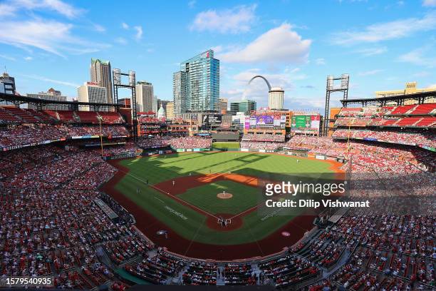 General view of Busch Stadium during a game between the St. Louis Cardinals and the Colorado Rockies on August 5, 2023 in St Louis, Missouri.