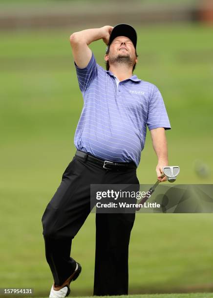 Tim Clark of South Africa reacts to a near birdie during the first round of The Nelson Mandela Championship presented by ISPS Handa at Royal Durban...