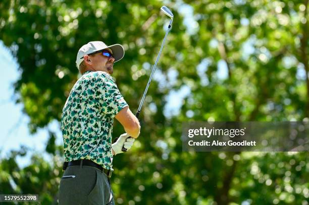 Jim Knous tees off on the fourteenth hole during the third round of the Utah Championship presented by Zions Bank at Oakridge Country Club on August...