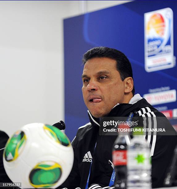 Egyptian football club team Al Ahly head coach Hossam El-Badry takes part in a press conference prior to an official team training session for the...