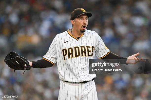 Blake Snell of the San Diego Padres argues a call during the fourth inning of a baseball game against the Los Angeles Dodgers on August 5, 2023 at...