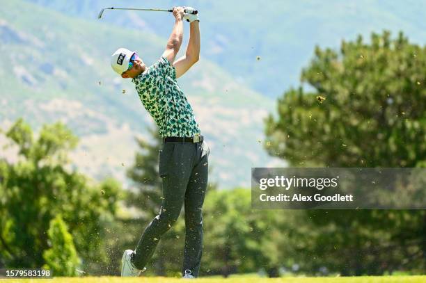 Jim Knous shoots on the ninth hole during the third round of the Utah Championship presented by Zions Bank at Oakridge Country Club on August 05,...