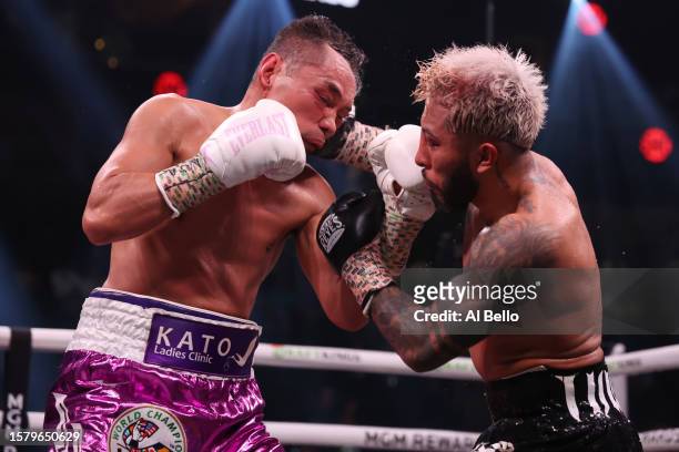 Nonito Donaire and Alexandro Santiago exchange punches during the WBC World Bantamweight Championship bout at T-Mobile Arena on July 29, 2023 in Las...
