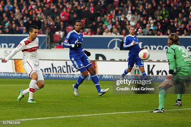 Vedad Ibisevic of Stuttgart scores his team's first goal against goalkeeper Timo Hildebrand of Schalke during the Bundesliga match between VfB...