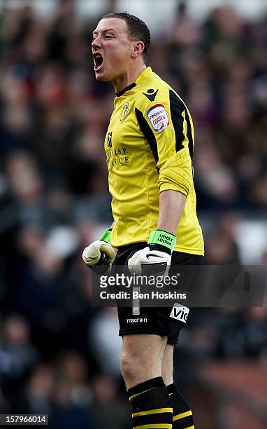 Paddy Kenny of Leeds celebrates after Paul Green scored his team's goal during the npower Championship match between Derby County and Leeds United at...