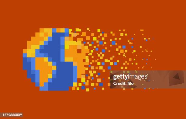 pixel earth globe climate change disappearing planet - eroded stock illustrations