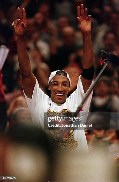 The Chicago Bull Scottie Pippen celebrates at the end game six of the 1996 NBA finals at the United Center in Chicago, Illinois. The Bulls went on to...