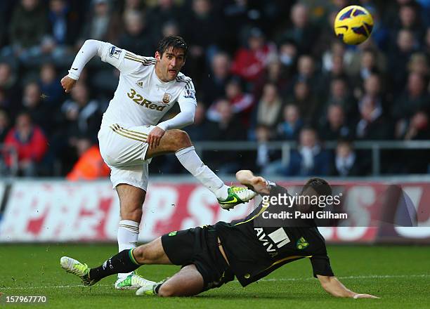 Danny Graham of Swansea City battles for the ball with Russell Martin of Norwich City during the Barclays Premier League match between Swansea City...