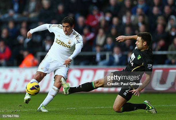 Danny Graham of Swansea City battles for the ball with Russell Martin of Norwich City during the Barclays Premier League match between Swansea City...