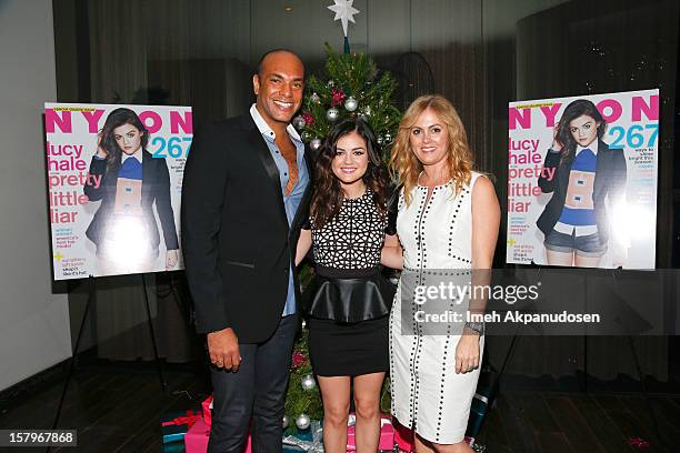 Associate Publisher, Karim Abay, actress Lucy Hale, and Senior Public Relations Manager for bebe stores Alexis Avery Cittadine attend the Celebration...