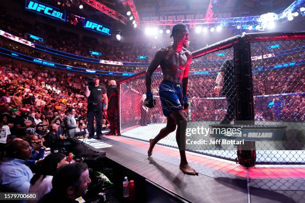 Kevin Holland celebrates his submission victory over Michael Chiesa in a welterweight fight during the UFC 291 event at Delta Center on July 29, 2023...