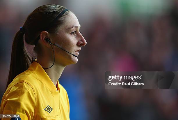 Assistant Referee Sian Massey in action during the Barclays Premier League match between Swansea City and Norwich City at the Liberty Stadium on...