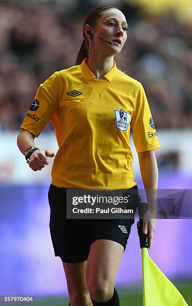 Assistant Referee Sian Massey in action during the Barclays Premier League match between Swansea City and Norwich City at the Liberty Stadium on...