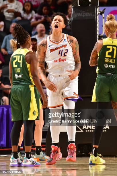 Brittney Griner of the Phoenix Mercury reacts during the game against the Seattle Storm on August 5, 2023 at Footprint Center in Phoenix, Arizona....