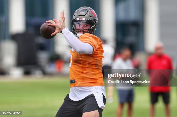 Tampa Bay Buccaneers Quarterback Baker Mayfield goes thru a drill during the Tampa Bay Buccaneers Training Camp on August 05, 2023 at the...