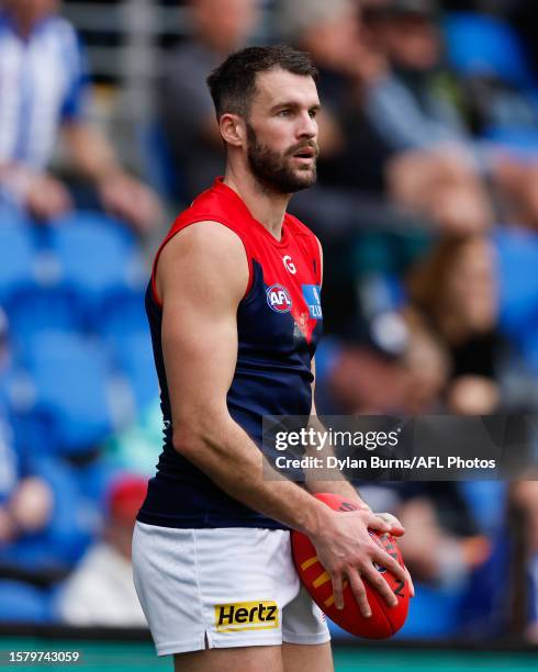 Joel Smith of the Demons looks on during the 2023 AFL Round 21 match between the North Melbourne Kangaroos and the Melbourne Demons at Blundstone...