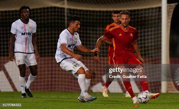 Nemanja Matic of AS Roma with Pedro Sa of CF Estrela da Amadora in action during a preseason friendly match between AS Roma and CF Estrela da Amadora...