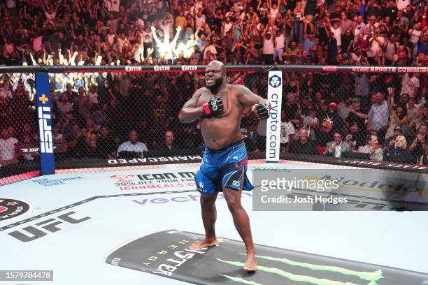 Derrick Lewis celebrates his TKO victory over Marcos Rogerio de Lima of Brazil in a heavyweight fight during the UFC 291 event at Delta Center on...