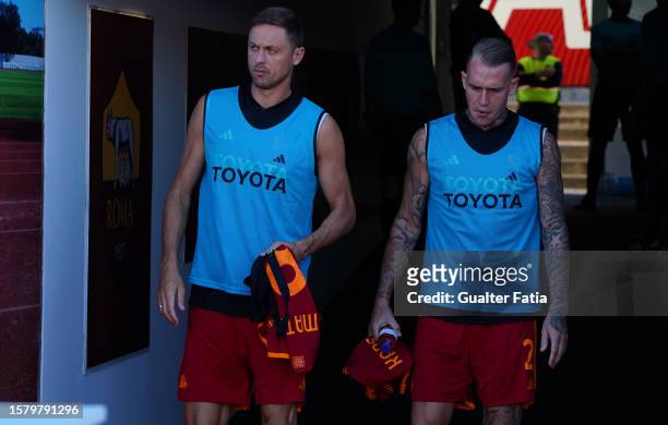 Nemanja Matic of AS Roma with Rick Karsdorp of AS Roma before the start of the Pre-Season Friendly match between AS Roma and CF Estrela da Amadora at...