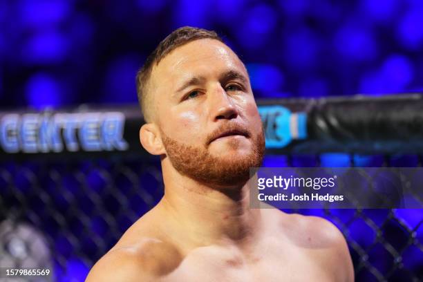 Justin Gaethje stands in his corner prior to his lightweight fight for the BMF belt against Dustin Poirier during the UFC 291 event at Delta Center...