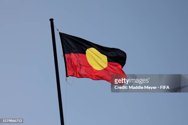 The Aboriginal flag waves prior to the FIFA Women's World Cup Australia & New Zealand 2023 Group H match between Korea Republic and Morocco at...