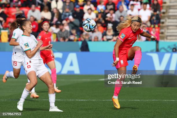 Cho Sohyun of Korea Republic controls the ball against Elodie Nakkach of Morocco during the FIFA Women's World Cup Australia & New Zealand 2023 Group...