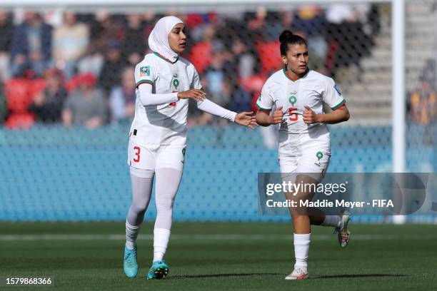 Nouhaila Benzina and Nesryne El Chad of Morocco celebrate the team's first goal scored by Ibtissam Jraidi during the FIFA Women's World Cup Australia...