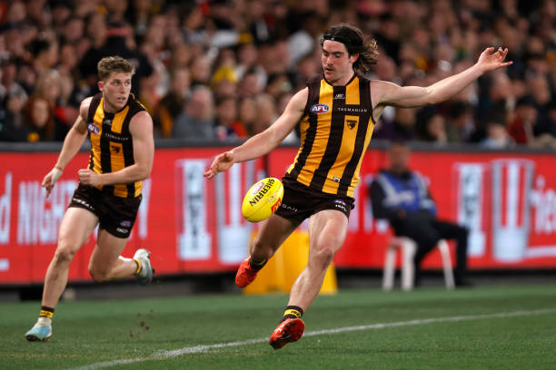 Jai Newcombe of the Hawks kduring the round 20 AFL match between Hawthorn Hawks and St Kilda Saints at Marvel Stadium, on July 30 in Melbourne,...