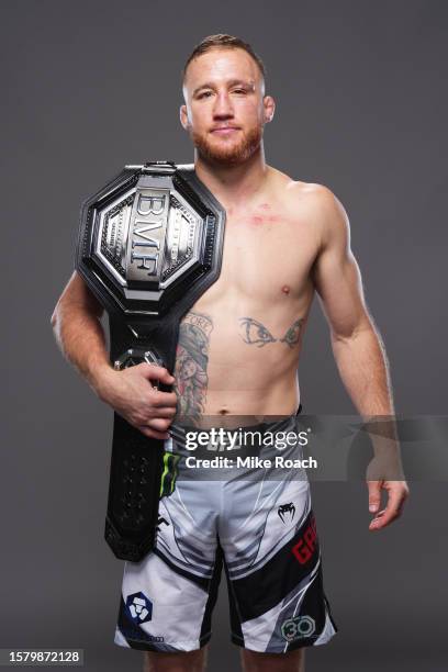 Justin Gaethje poses for a portrait backstage with the BMF belt during the UFC 291 event at Delta Center on July 29, 2023 in Salt Lake City, Utah.