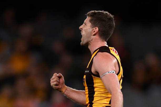Luke Breust of the Hawks celebrates a goal during the round 20 AFL match between Hawthorn Hawks and St Kilda Saints at Marvel Stadium, on July 30 in...
