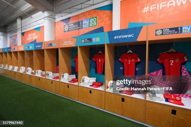 The shirts worn by Norway players are displayed inside the dressing room prior to the FIFA Women's World Cup Australia & New Zealand 2023 Group A...