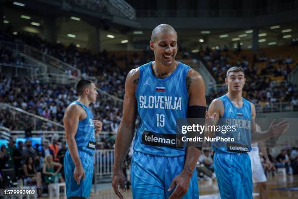 Jordan Morgan of Slovenia during the International Friendly match between Greece and Slovenia at OAKA Stadium on August 4 in Athens, Greece