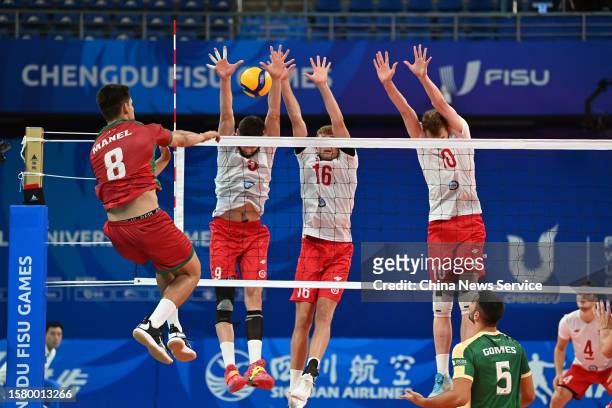 Peixito Figueiredo Manuel of Portugal spikes the ball in the Men's Preliminary Pool A Volleyball Match between Portugal and Poland on Day 1 of 31st...