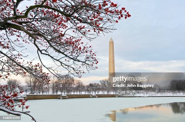 sunset on a snowy washington monument - washington monument stock-fotos und bilder