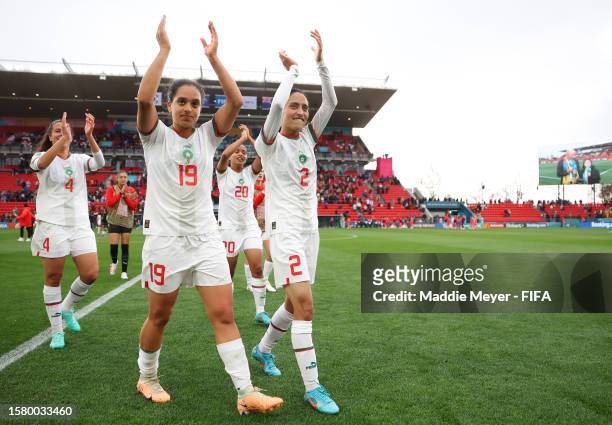 Morocco players applaud fans after the team's 1-0 victory in the FIFA Women's World Cup Australia & New Zealand 2023 Group H match between Korea...