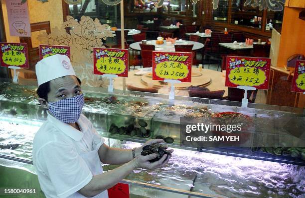 Masked chef displays a batch of fresh seafood outside a empty restaurant in the Snake alley, one of a famous landmark in Taipei, to complain of the...