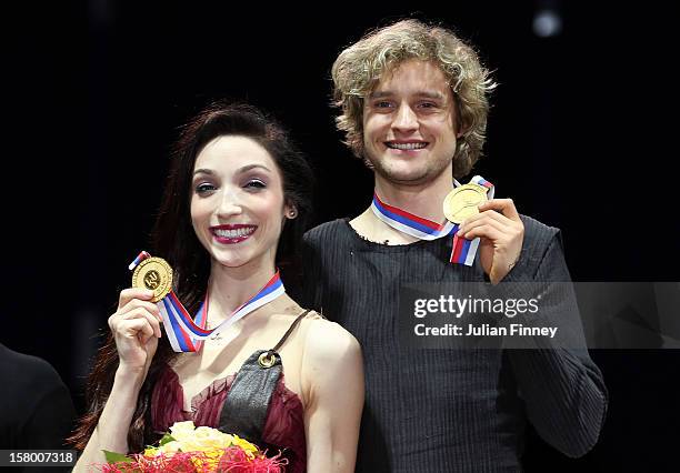 Meryl Davis and Charlie White of USA with their gold medals after the Ice Dance Free Dance during the Grand Prix of Figure Skating Final 2012 at the...