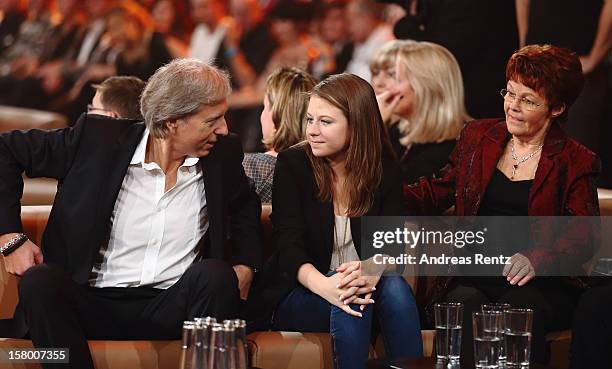 Uli Ferber with daughter Lena Maria and Helga Zellen gesture during the Andrea Berg 'Die 20 Jahre Show' at Baden Arena on December 7, 2012 in...