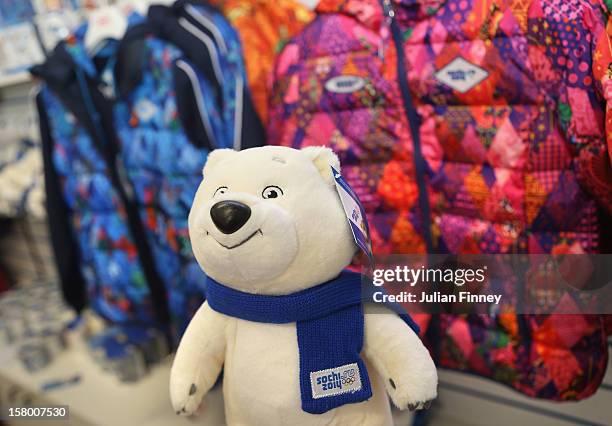 One of the Sochi 2014 mascot toy is seen at the merchandise shop during the Grand Prix of Figure Skating Final 2012 at the Iceberg Skating Palace on...