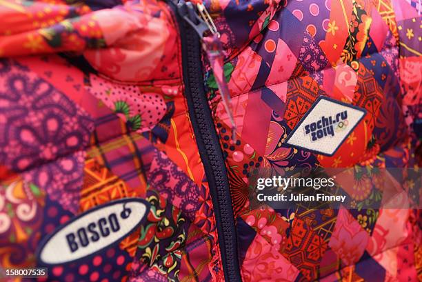 An olympic winter jacket is seen at the merchandise shop during the Grand Prix of Figure Skating Final 2012 at the Iceberg Skating Palace on December...