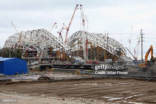 Construction on the olympic stadium continues at the coastal cluster during the Grand Prix of Figure Skating Final 2012 at the Iceberg Skating Palace...