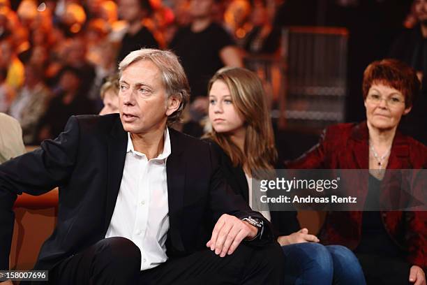 Uli Ferber with daughter Lena Maria and Helga Zellen gesture during the Andrea Berg 'Die 20 Jahre Show' at Baden Arena on December 7, 2012 in...