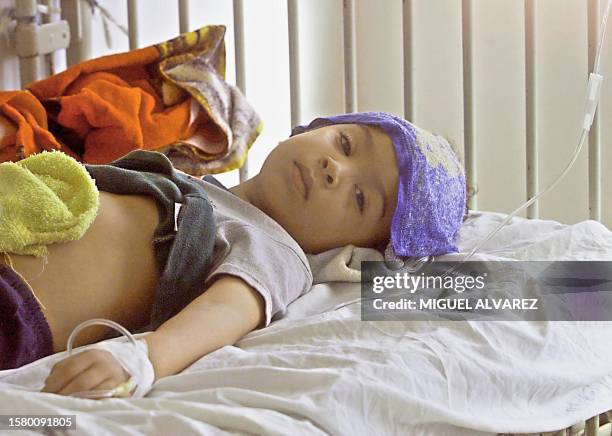 Eliseo Mora, 10 years old is seen hospitalized in Managua, Nicaragua due to Dengue fever 13 November 2001. Eliseo Mora, de 10 anos, mira desde su...