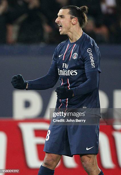 Zlatan Ibrahimovic of PSG celebrates his goal during the French Ligue 1 match between Paris Saint Germain FC and Evian Thonon Gaillard FC at the Parc...