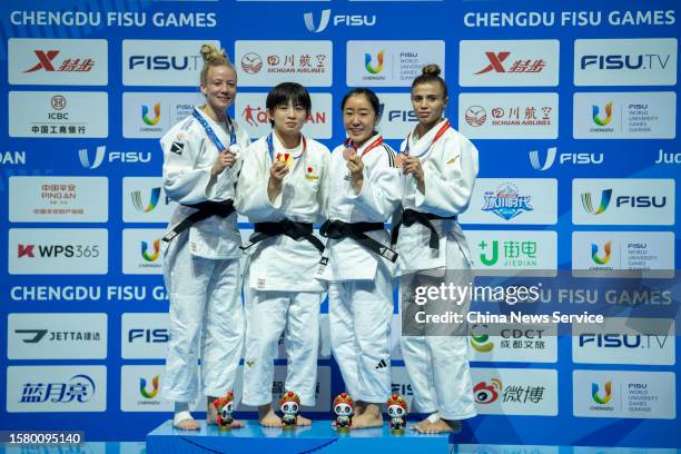 Silver medalist Amber Anneke Maria Gersjes of the Netherlands, gold medalist Hikari Yoshioka of Japan, bronze medalist Oh Yeonju of Korea and bronze...