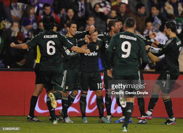 Mesut Ozil of Real Madrid CF celebrates after scoring Real's 3rd goal during the La Liga match between Real Valladolid CF and Real Madrid CF at...
