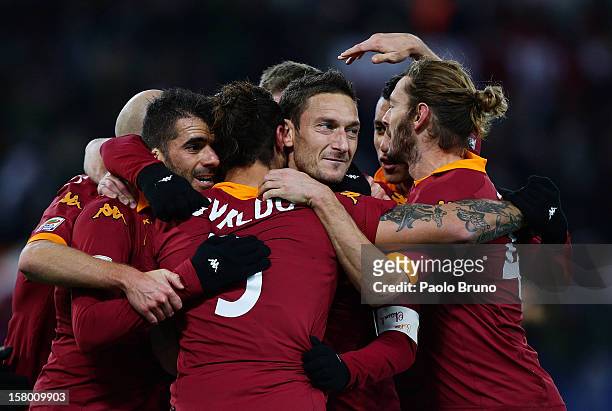 Pablo Daniel Osvaldo with his teammates of AS Roma celebrates after scoring his fourth team's goal during the Serie A match between AS Roma and ACF...