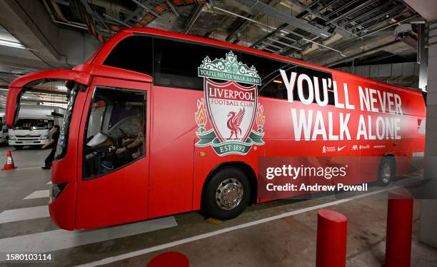 Liverpool team bus arriving before the pre-season friendly match between Liverpool FC and Leicester City at the National Stadium on July 30, 2023 in...