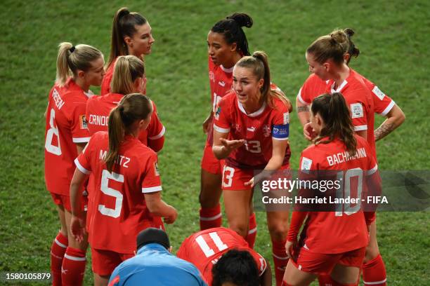 Lia Waelti of Switzerland speaks to her teammates in the huddle at the water break during the FIFA Women's World Cup Australia & New Zealand 2023...